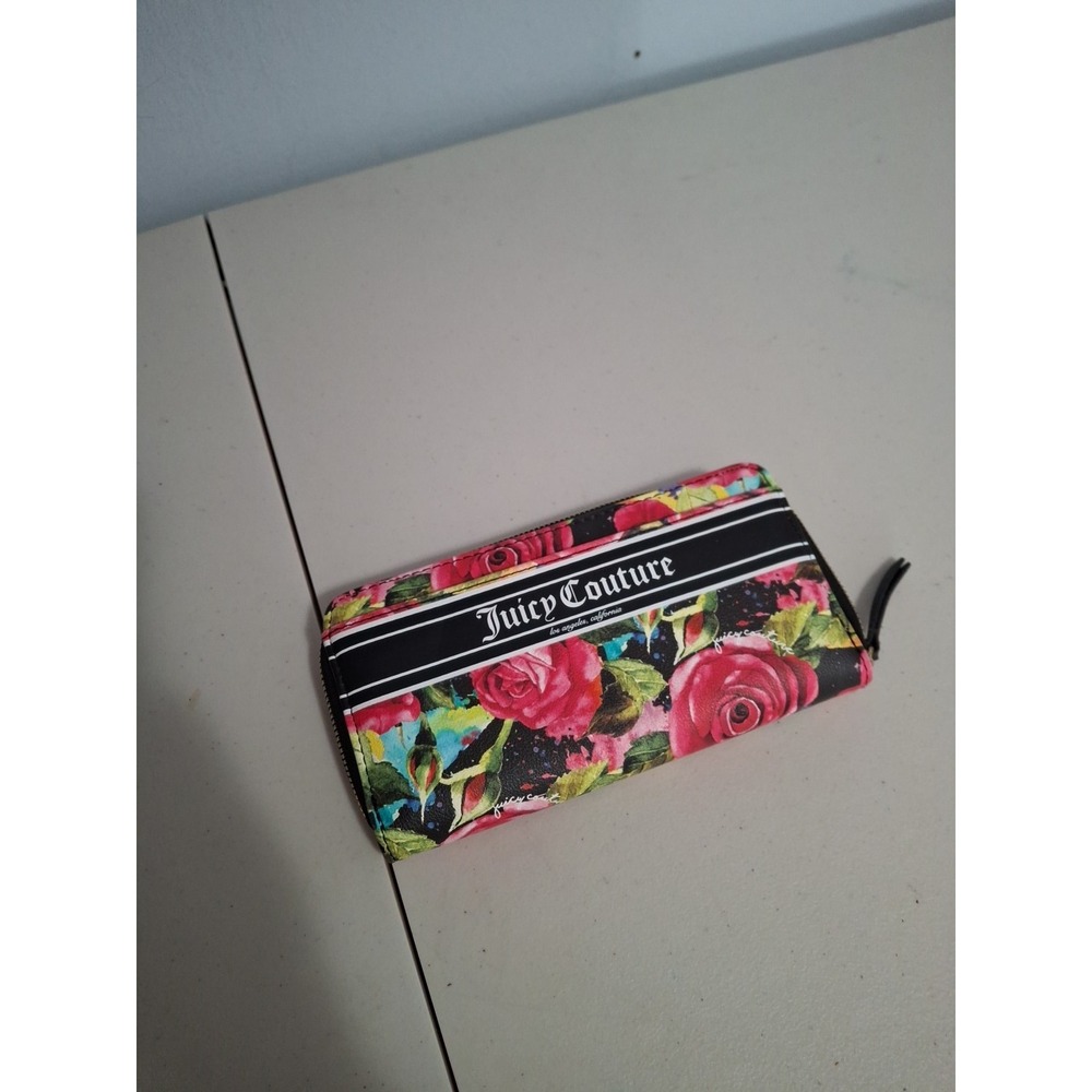 Juicy Couture Gothic Logo Stripe Malibu Rose Black Multi  Zip‎ Arround Wallet